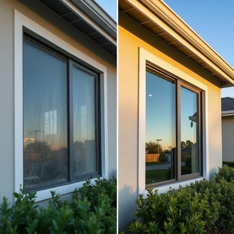 Side-by-side comparison of a white modern house exterior with large windows and a yellow house exterior with large windows, both with landscaping