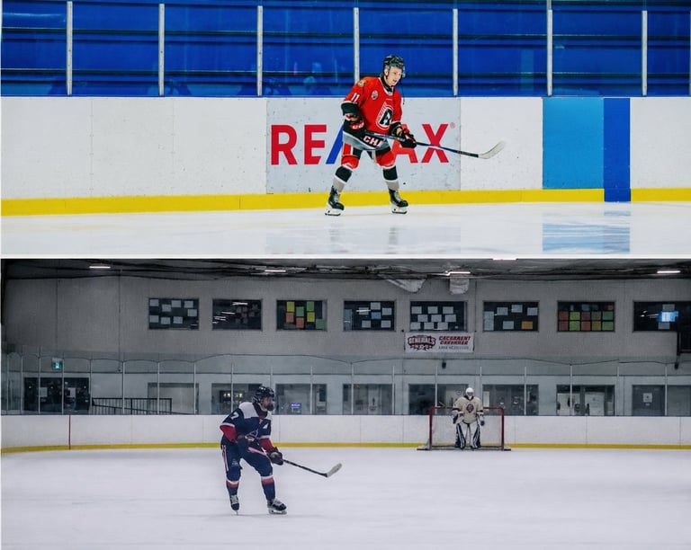 Two ice hockey players on indoor rinks, one in red jersey on upper level, one in dark jersey on lower level with boards and advertising visible
