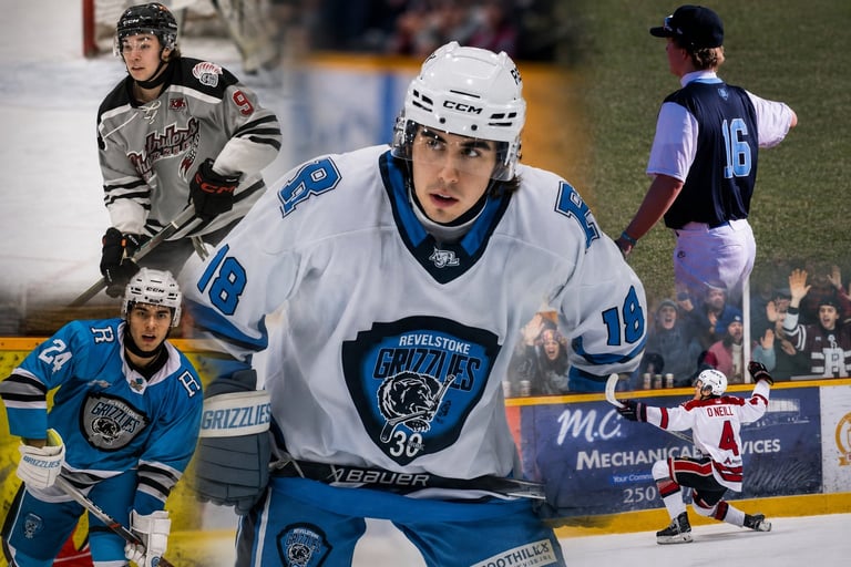 Collage of hockey players in different uniforms, featuring a player in white and blue Revelstoke jersey as the main focus, with additional players from various teams in background.